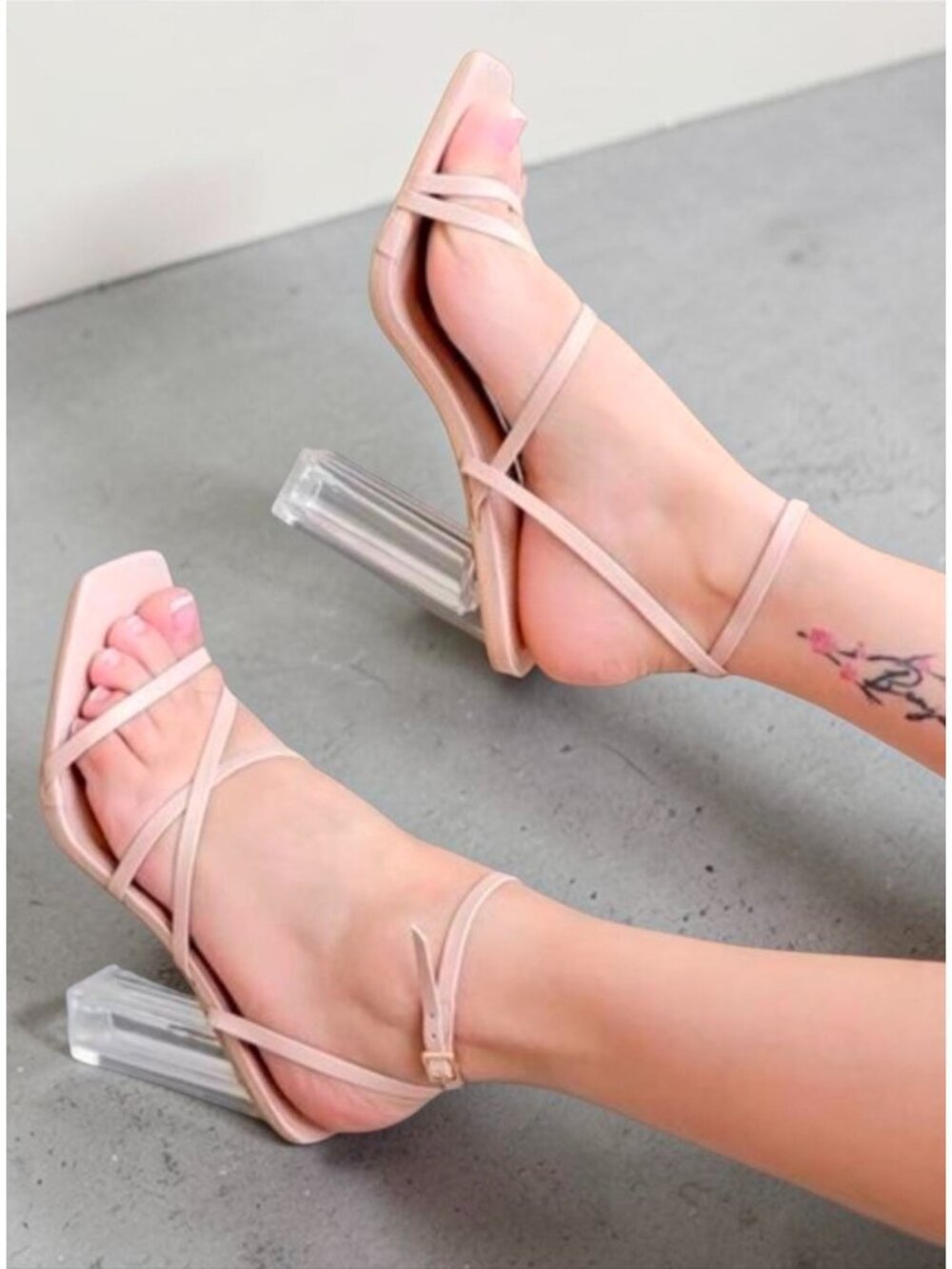 Strappy Nude Sandals With Clear Block Heels - Elegant & Versatile Design For Wom
